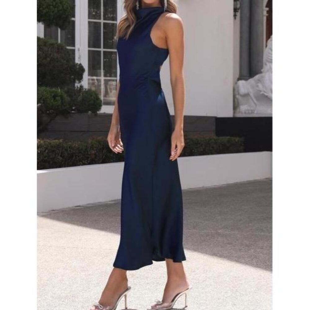 NWT Halfisland Dress Womens Medium Navy Sleeveless Maxi Satinlike‎ cowl neck